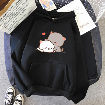 Прасковена котка Kawaii Clothing Aesthetic Hoodie 2021 Сладко розово горнище Големи суичър Дамски анимационен принт Унисекс Топло улично облекло