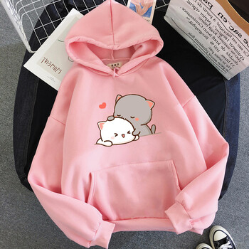 Прасковена котка Kawaii Clothing Aesthetic Hoodie 2021 Сладко розово горнище Големи суичър Дамски анимационен принт Унисекс Топло улично облекло