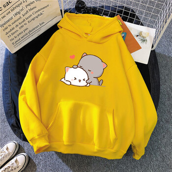 Прасковена котка Kawaii Clothing Aesthetic Hoodie 2021 Сладко розово горнище Големи суичър Дамски анимационен принт Унисекс Топло улично облекло