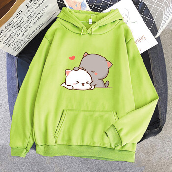 Прасковена котка Kawaii Clothing Aesthetic Hoodie 2021 Сладко розово горнище Големи суичър Дамски анимационен принт Унисекс Топло улично облекло