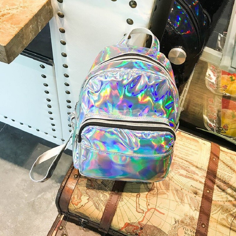 2024 Rucsac cu laser de modă Preppy Style școală strălucitoare Laser din piele PU Femei Fete Rucsac holografic rezistent la apă argintiu
