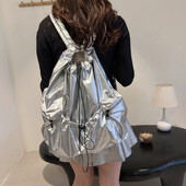 Rucsac argintiu de mare capacitate în stil coreean, rucsac de călătorie pliabil cu șnur de clasă pentru fete.