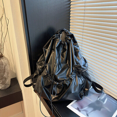 Rucsac argintiu de mare capacitate în stil coreean, rucsac de călătorie pliabil cu șnur de clasă pentru fete.