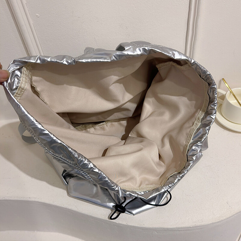 Rucsac argintiu de mare capacitate în stil coreean, rucsac de călătorie pliabil cu șnur de clasă pentru fete.