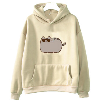 Pusheenn Cat Cartoon Graphic Hoodie Женски/мъжки Сладки дрехи Есен Зима Суичър с дълъг ръкав Ежедневен обикновен пуловер с О-образно деколте