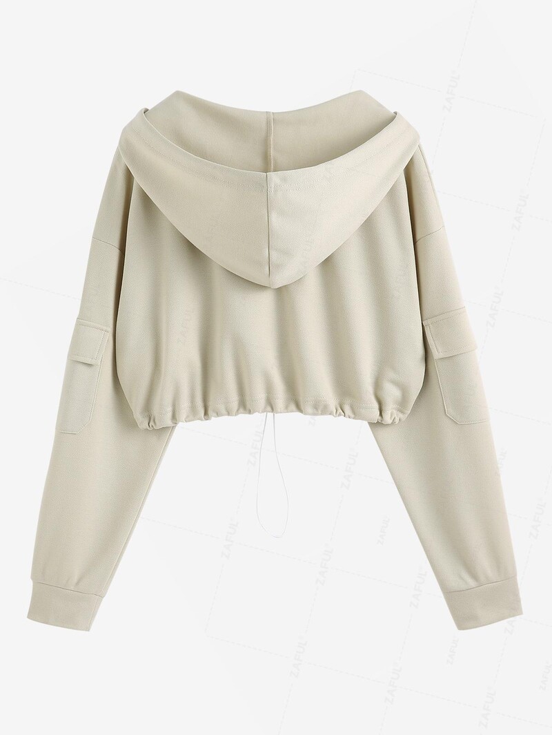 ZAFUL sieviešu gadījuma V kakla kabatas dizaina nolaižams pleciem vienkrāsains pārslēgšanas aukliņu apgriezts kapuci