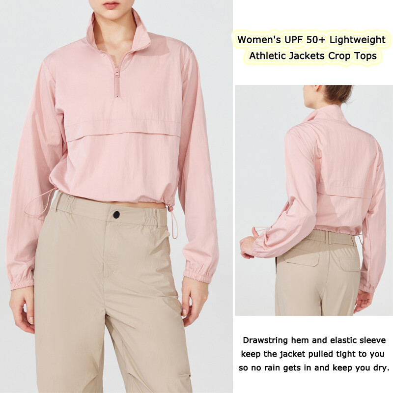 VITALINOVO Jachetă atletică pentru femei Pulover ușoară cu fermoar sfert pentru golf, drumeții, alergare, jachetă de vânt UPF50+, impermeabilă
