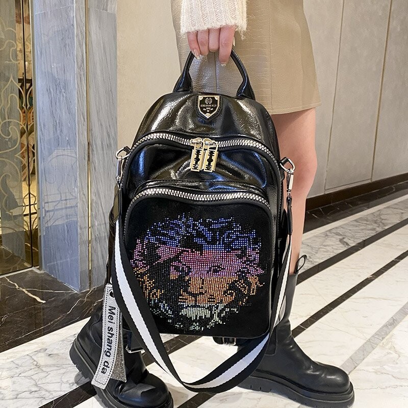 Rucsac nou din piele moale pentru femei Tendință la modă, cu model de animale cu diamant strălucitor, geantă de umăr pentru femeie, genți de mare capacitate pentru fete
