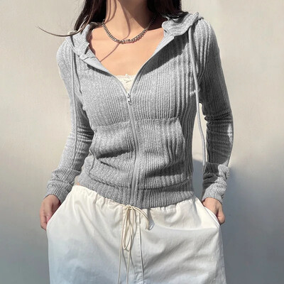 JFL20224 Nou Comerț exterior transfrontalier Cardigan de culoare solidă Jachetă cu glugă Casual cu mânecă lungă Design coreean Sensibilitate decupată