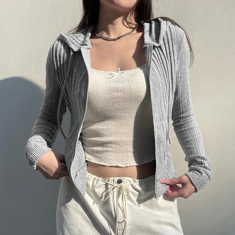 JFL20224 Nou Comerț exterior transfrontalier Cardigan de culoare solidă Jachetă cu glugă Casual cu mânecă lungă Design coreean Sensibilitate decupată