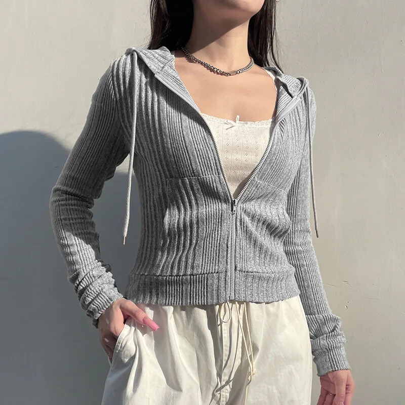 JFL20224 Nou Comerț exterior transfrontalier Cardigan de culoare solidă Jachetă cu glugă Casual cu mânecă lungă Design coreean Sensibilitate decupată