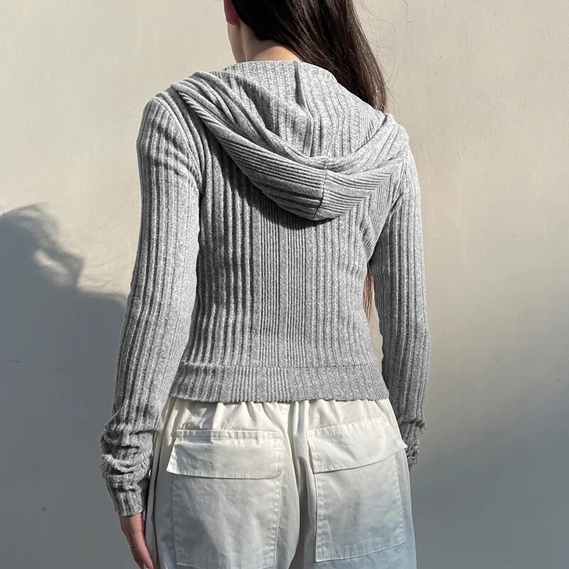 JFL20224 Nou Comerț exterior transfrontalier Cardigan de culoare solidă Jachetă cu glugă Casual cu mânecă lungă Design coreean Sensibilitate decupată