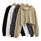 Jesenski ženski pulover s kapuljačom u američkom stilu širok kroj, kratki rukavi, osjetljiv dizajn, kapuljača na vezanje