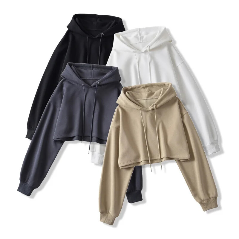 Jesenski ženski pulover s kapuljačom u američkom stilu širok kroj, kratki rukavi, osjetljiv dizajn, kapuljača na vezanje