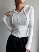 Cardigan estetic subțire cu glugă, femei Y2K, îmbrăcăminte de stradă, cu nervuri solide, crop top sport, toamnă, ocazional, cu fermoar, cu mânecă lungă.