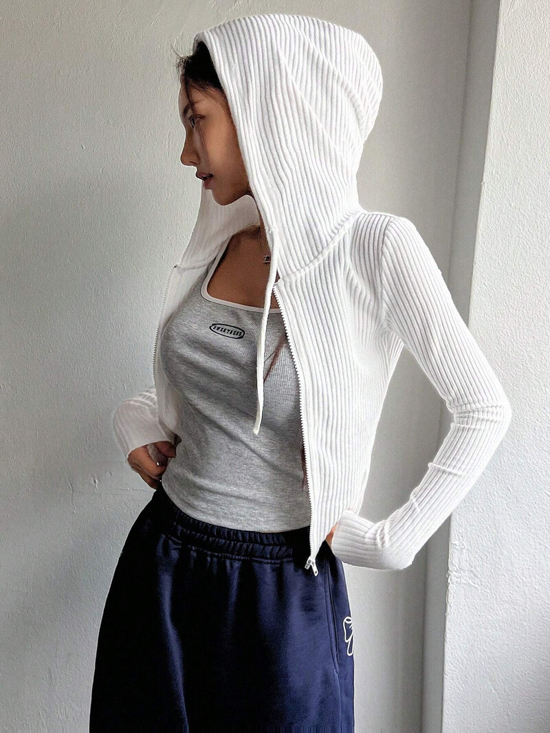 Cardigan estetic subțire cu glugă, femei Y2K, îmbrăcăminte de stradă, cu nervuri solide, crop top sport, toamnă, ocazional, cu fermoar, cu mânecă lungă.