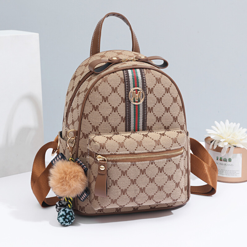 Modes retro burtu rombveida apdrukāta mugursoma, vispiemērotākā ceļojumu mugursoma, izsmalcināts maza pompona kulonu dekors