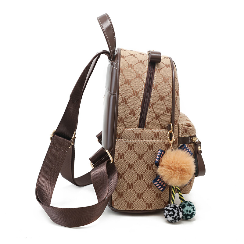 Modes retro burtu rombveida apdrukāta mugursoma, vispiemērotākā ceļojumu mugursoma, izsmalcināts maza pompona kulonu dekors