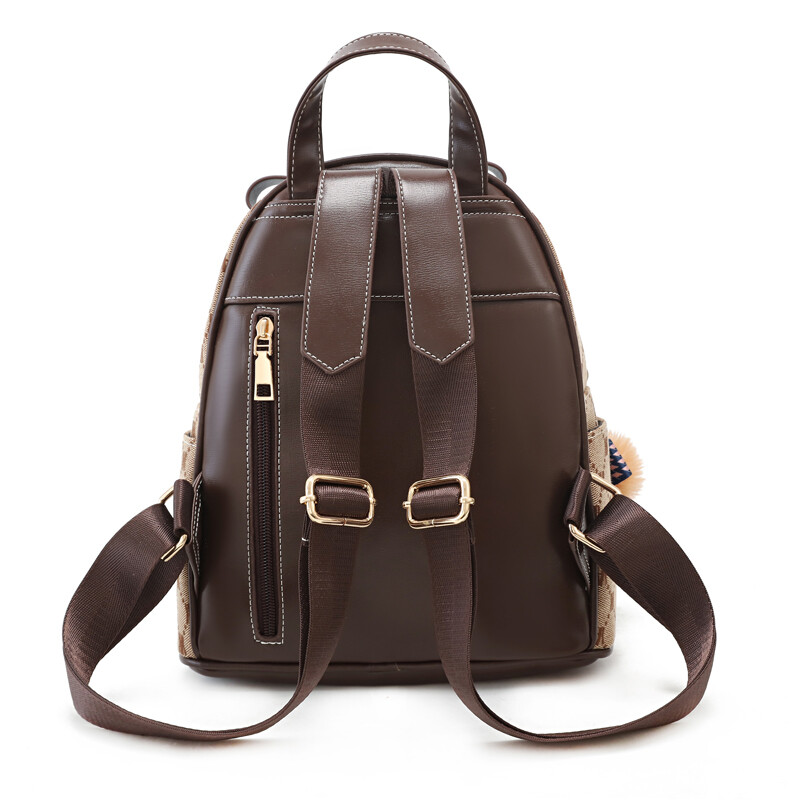 Modes retro burtu rombveida apdrukāta mugursoma, vispiemērotākā ceļojumu mugursoma, izsmalcināts maza pompona kulonu dekors