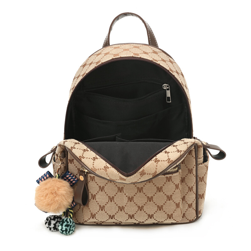 Modes retro burtu rombveida apdrukāta mugursoma, vispiemērotākā ceļojumu mugursoma, izsmalcināts maza pompona kulonu dekors