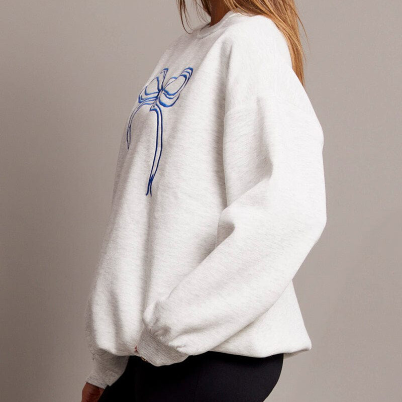 Hirigin Hanorac cu fundă drăguț pentru femei Y2K Coquette Fairycore Estetic cu mânecă lungă cu decolteu crew-oversize Pulover Top