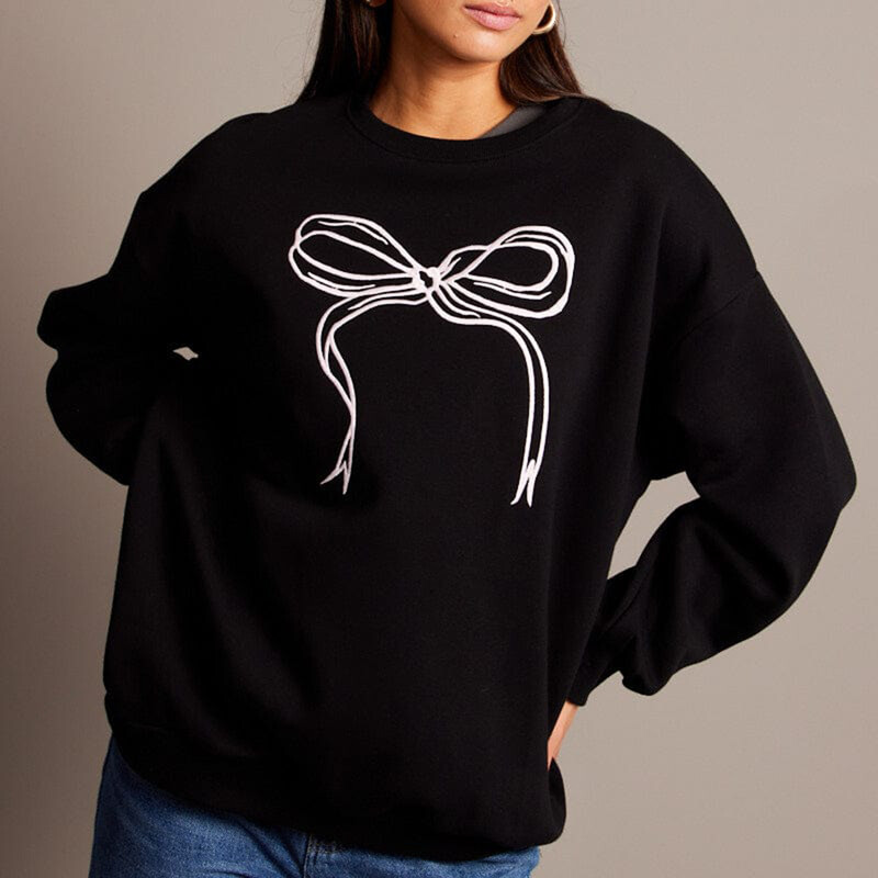 Hirigin Hanorac cu fundă drăguț pentru femei Y2K Coquette Fairycore Estetic cu mânecă lungă cu decolteu crew-oversize Pulover Top