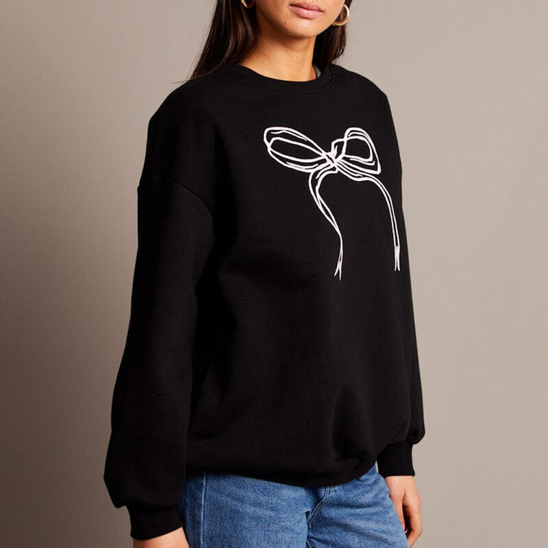 Hirigin Hanorac cu fundă drăguț pentru femei Y2K Coquette Fairycore Estetic cu mânecă lungă cu decolteu crew-oversize Pulover Top