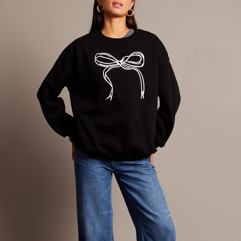 Hirigin Hanorac cu fundă drăguț pentru femei Y2K Coquette Fairycore Estetic cu mânecă lungă cu decolteu crew-oversize Pulover Top