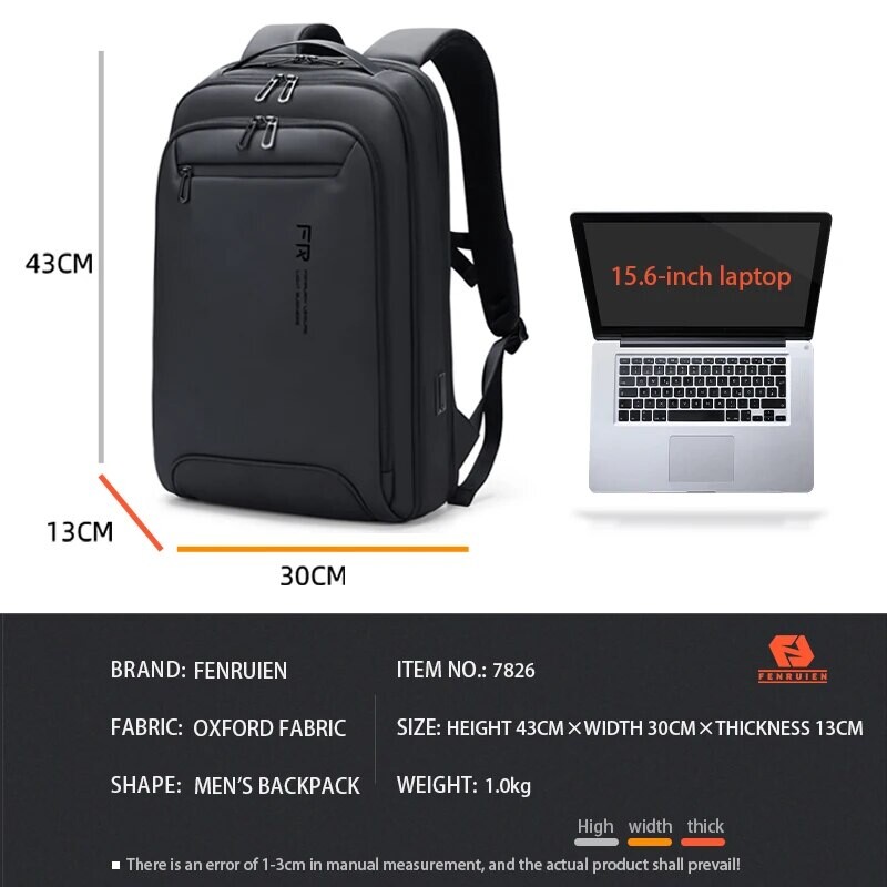 Rucsac Fenruien subțire pentru laptop de 15,6 inci Rucsac multifuncțional pentru bărbați, ocazional, de afaceri, încărcare USB, rucsacuri de școală, unisex