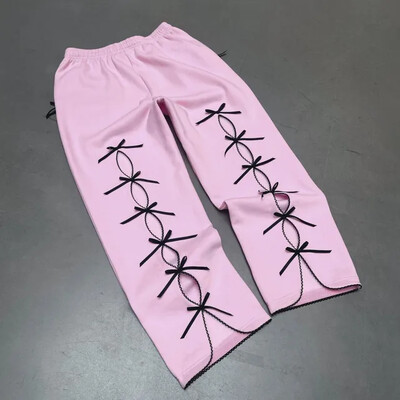 Hollow Bowknots Y2k Hanorace scurte de pluș Panglică Streetwear Pantaloni lați cu litere imprimate Jachete Harajuku Îmbrăcăminte casual pentru femei
