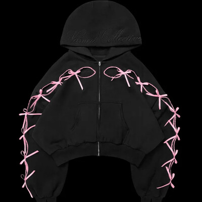 Hollow Bowknots Y2k Hanorace scurte de pluș Panglică Streetwear Pantaloni lați cu litere imprimate Jachete Harajuku Îmbrăcăminte casual pentru femei