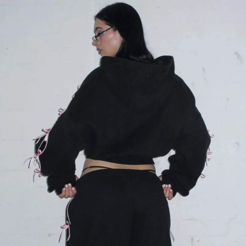 Hollow Bowknots Y2k Hanorace scurte de pluș Panglică Streetwear Pantaloni lați cu litere imprimate Jachete Harajuku Îmbrăcăminte casual pentru femei