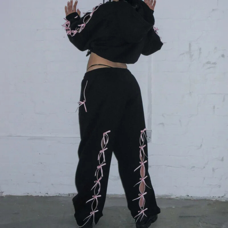 Hollow Bowknots Y2k Hanorace scurte de pluș Panglică Streetwear Pantaloni lați cu litere imprimate Jachete Harajuku Îmbrăcăminte casual pentru femei