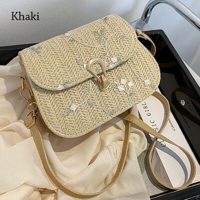 Geantă de șa țesătă cu flori de modă pentru femei Genți de umăr drăguțe din paie Genți de mână ocazional la modă pentru doamne, genți de mână cu broderie din dantelă