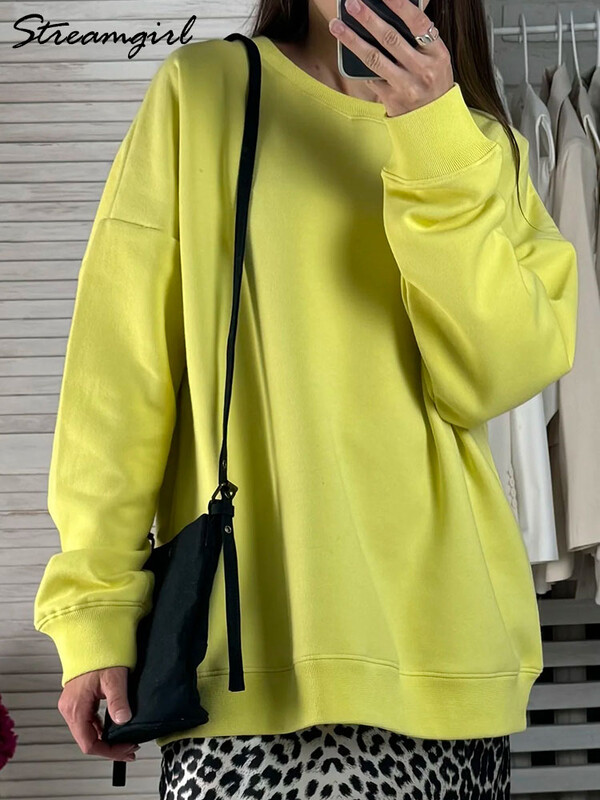 Hanorac pentru femei de primăvară Pulover roșu supradimensionat Topuri largi din bumbac Pulovere casual maro cu decolteu O pentru femei Hanorace supradimensionate