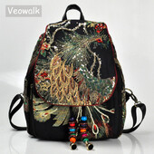 Rucsacuri din pânză pentru femei Veowalk cu paiete brodate, rucsacuri florale pentru femei, geantă de școală mică