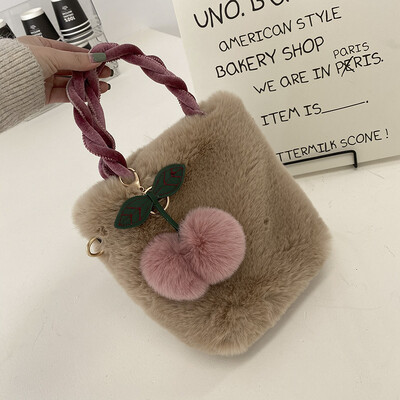 Genți de mână pentru femei, la modă nouă, de iarnă, pentru doamnele cu blană, poșetă de pluș moale, genți de umăr, geantă de mesager cu pandantiv de cireșe.