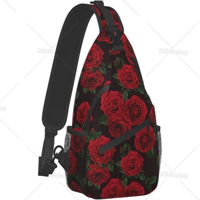 Geantă cu sling trandafir roșu pentru femei, bărbați, rucsac cu umăr, genți de piept unisex, rezistente la apă, călătorii, drumeții, rucsac casual