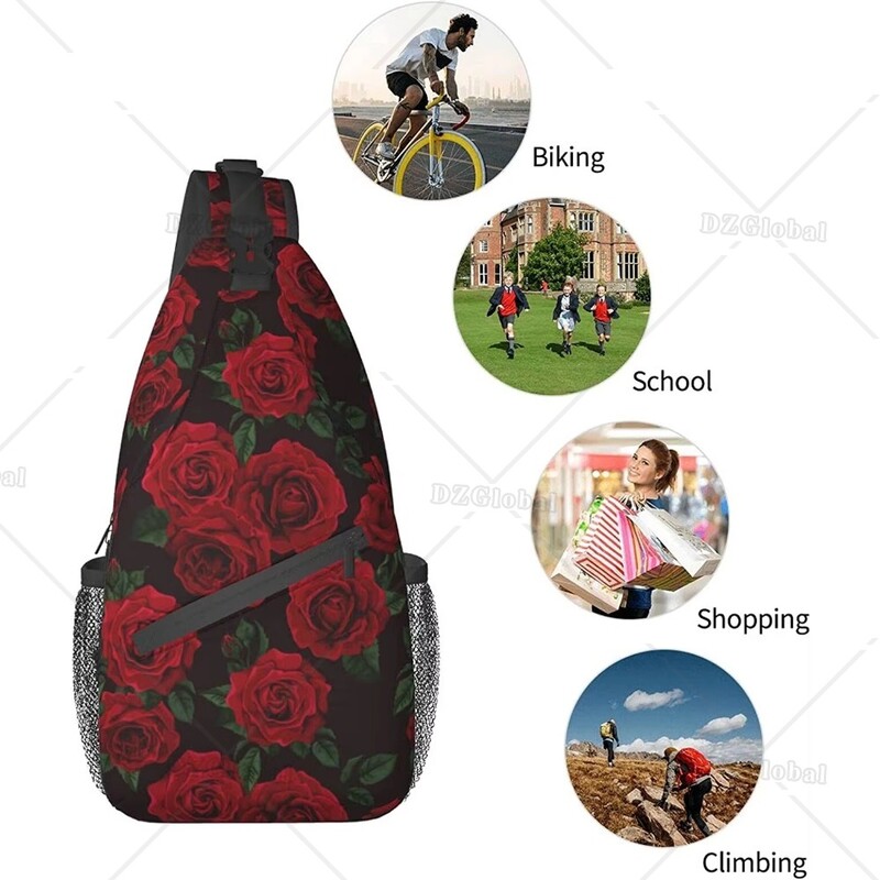Geantă cu sling trandafir roșu pentru femei, bărbați, rucsac cu umăr, genți de piept unisex, rezistente la apă, călătorii, drumeții, rucsac casual