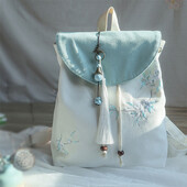 Rucsac cu ciucuri cu flori brodate din pânză pentru femei, în stil chinezesc Hanfu, pandantiv casual, cu buzunare multiple, geantă de mână pentru fete