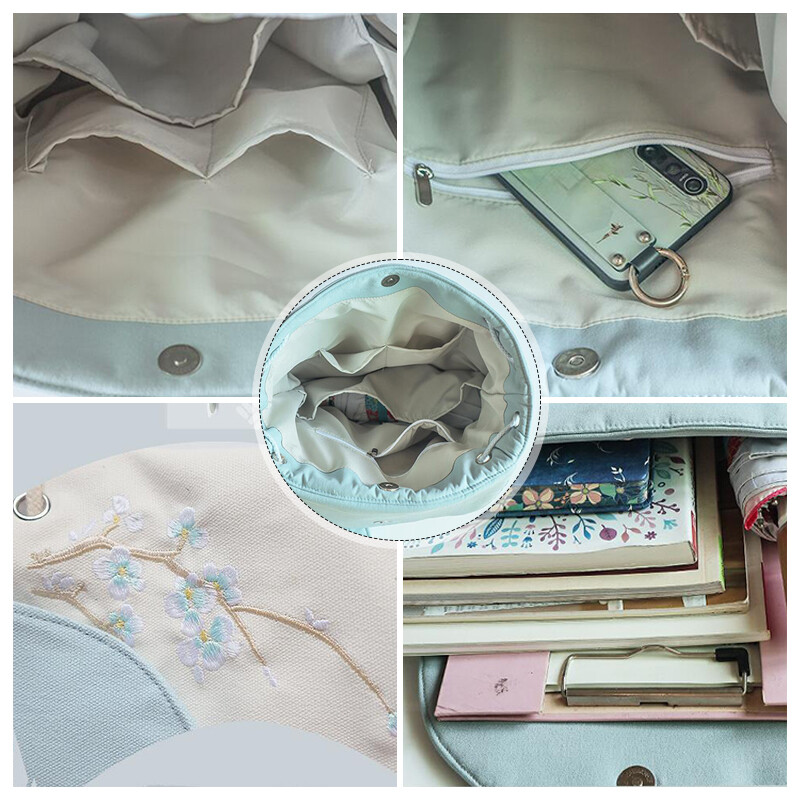 Rucsac cu ciucuri cu flori brodate din pânză pentru femei, în stil chinezesc Hanfu, pandantiv casual, cu buzunare multiple, geantă de mână pentru fete