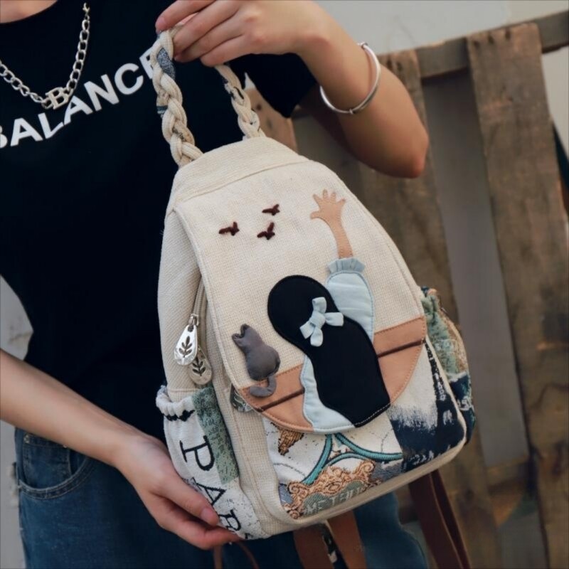 Rucsac drăguț pentru fete din desene animate, geantă de pânză ușoară și versatilă pentru femei