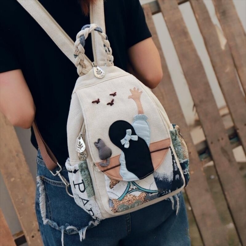 Rucsac drăguț pentru fete din desene animate, geantă de pânză ușoară și versatilă pentru femei