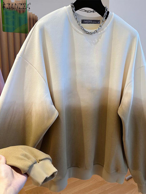 ZANZEA modes pārvietošanās, vienkārši džemperi sieviešu krāsu gradienta džemperi, 2024. gada ikdienas kapuciņi ar garām piedurknēm, brīvi ar O veida kakla izgriezumu