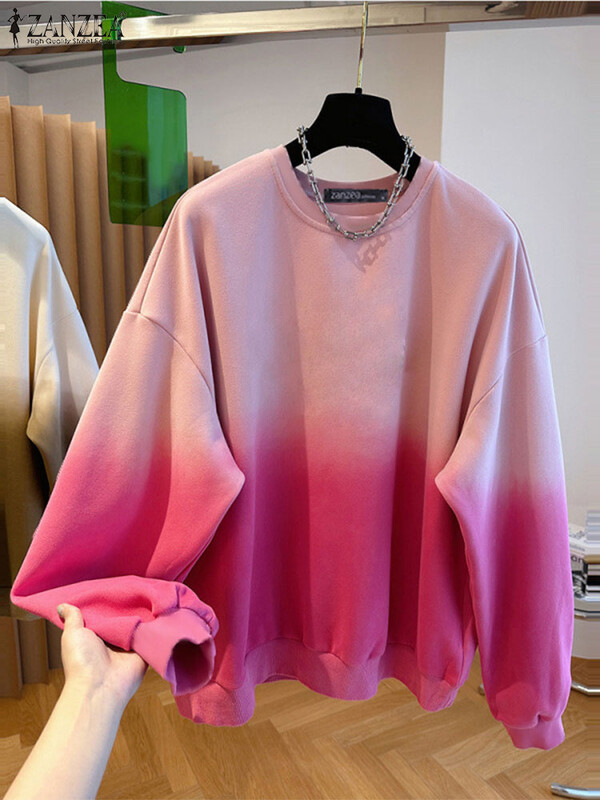 ZANZEA modes pārvietošanās, vienkārši džemperi sieviešu krāsu gradienta džemperi, 2024. gada ikdienas kapuciņi ar garām piedurknēm, brīvi ar O veida kakla izgriezumu