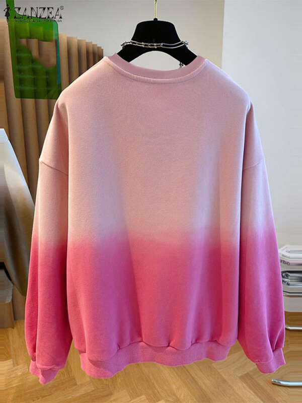 ZANZEA modes pārvietošanās, vienkārši džemperi sieviešu krāsu gradienta džemperi, 2024. gada ikdienas kapuciņi ar garām piedurknēm, brīvi ar O veida kakla izgriezumu