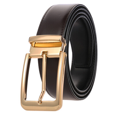 VATLTY Cureaua ocazională pentru bărbați, cu cataramă din aliaj de aur, curea pentru pantaloni, pentru bărbați, 34 mm, piele naturală de vacă, centură maro, centură de talie