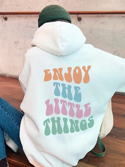 Enjoy The Little Thing Letter Print Kangaroo Pocket Hoodie Vintage Y2K Estētisks ikdienas džemperis ar garām piedurknēm Kawaii džemperis