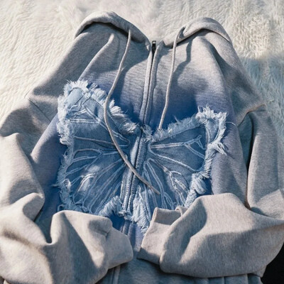 American Street BF Wind Butterfly Pulover cu glugă Y2k Hanocă cu fermoar Moda Retro Gros Tide Brand Cardigan largi Cuplu Mantoane Top