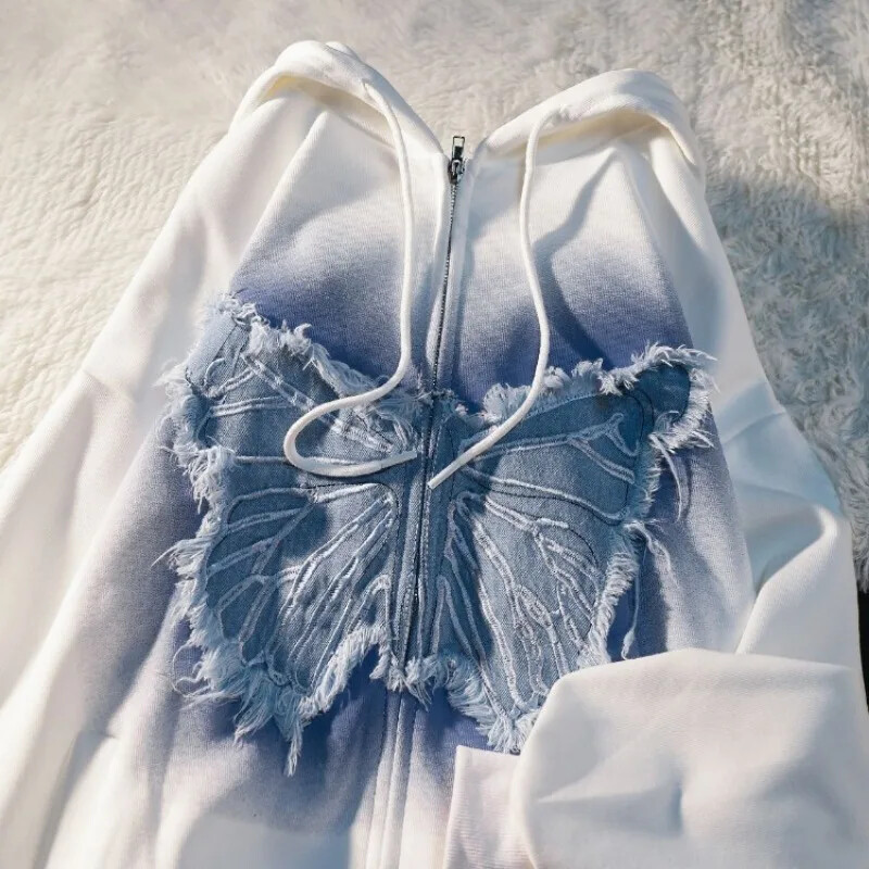 American Street BF Wind Butterfly Pulover cu glugă Y2k Hanocă cu fermoar Moda Retro Gros Tide Brand Cardigan largi Cuplu Mantoane Top